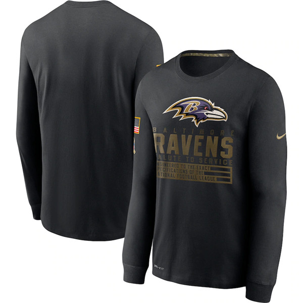 Baltimore Ravens 2020 Black Salute To Service Sideline Performance Long Sleeve NFL T-Shirt (All Size)