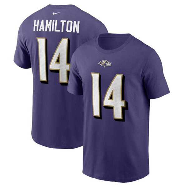 Men's Baltimore Ravens #14 Kyle Hamilton 2022 Purple Name & Number T-Shirt - Click Image to Close