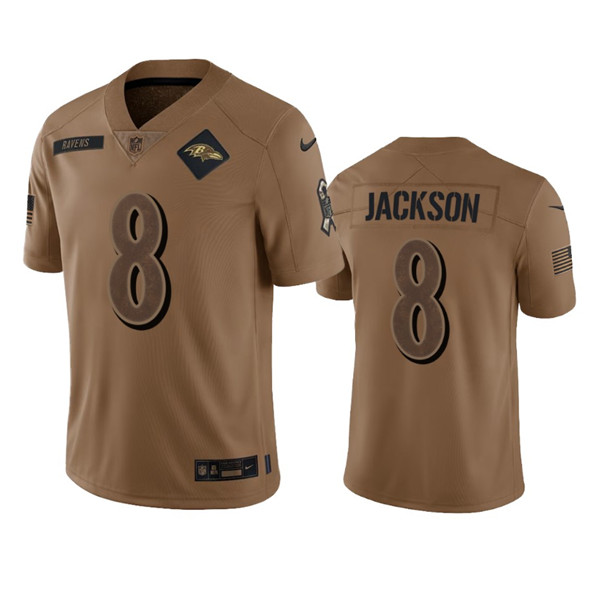 Men's Baltimore Ravens #8 Lamar Jackson 2023 Brown Salute To Service Limited Football Stitched Jersey