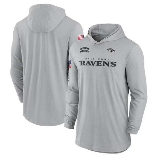 Men's Baltimore Ravens 2024 Gray Salute to Service Lightweight Performance Long Sleeve Hooded T-Shirt