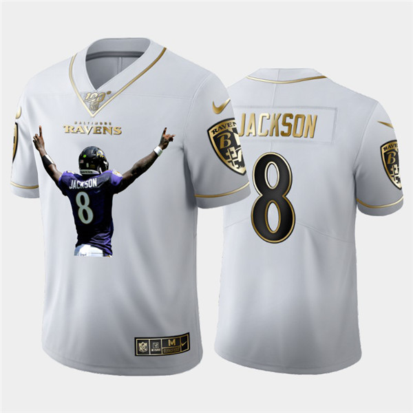 Men's Baltimore Ravens #8 Lamar Jackson White Golden 100th Season Portrait Edition NFL Jersey