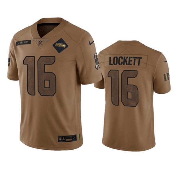 Men's Seattle Seahawks #16 Tyler Lockett 2023 Brown Salute To Service Limited Football Stitched Jersey - Click Image to Close