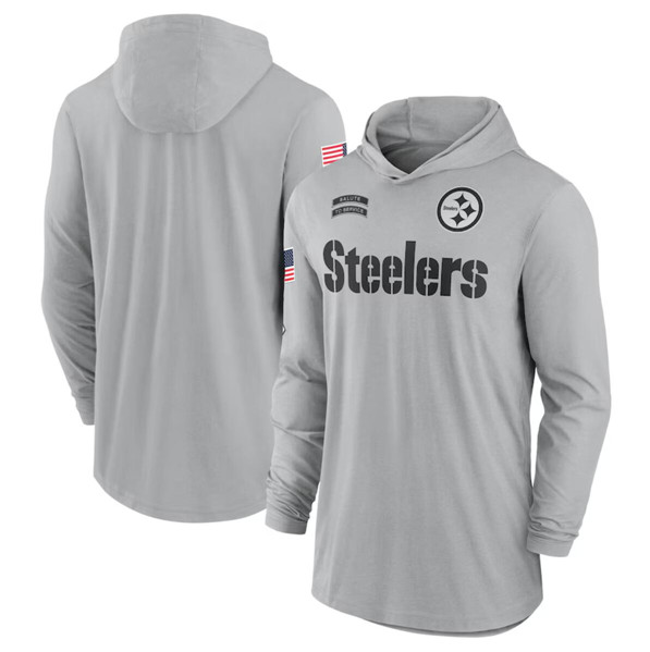 Men's Pittsburgh Steelers 2024 Gray Salute to Service Lightweight Performance Long Sleeve Hooded T-Shirt