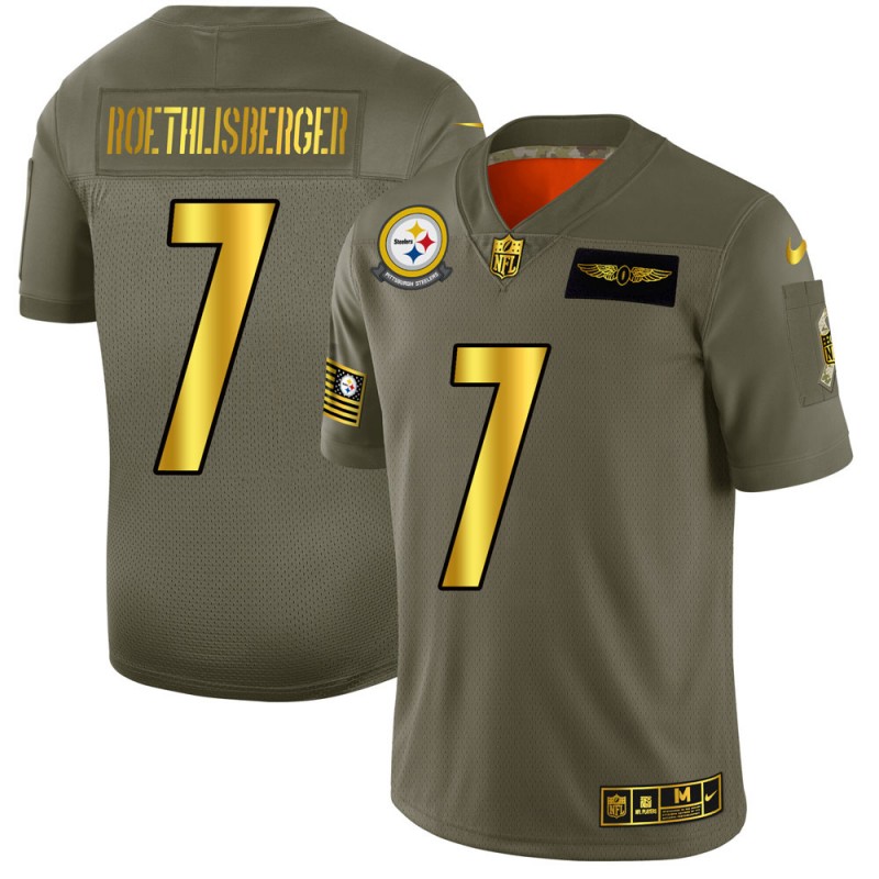 Men's Pittsburgh Steelers # 7 Ben Roethlisberger Olive/Gold 2019 Salute to Service Limited Stitched NFL Jersey - Click Image to Close