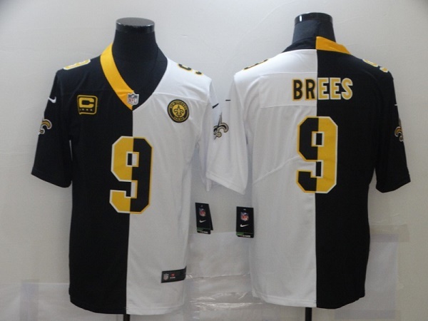 Men's New Orleans Saints #9 Drew Brees Black White Split With C Patch Stitched NFL Jersey