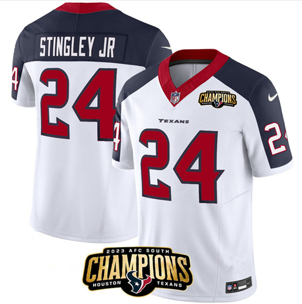 Men's Houston Texans #24 Derek Stingley Jr. White/Navy 2023 F.U.S.E. With AFC South Champions Patch And Team Logo Patch Limited Football Stitched Jersey - Click Image to Close