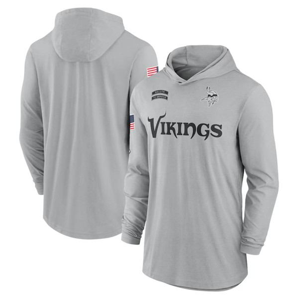 Men's Minnesota Vikings 2024 Gray Salute to Service Lightweight Performance Long Sleeve Hooded T-Shirt