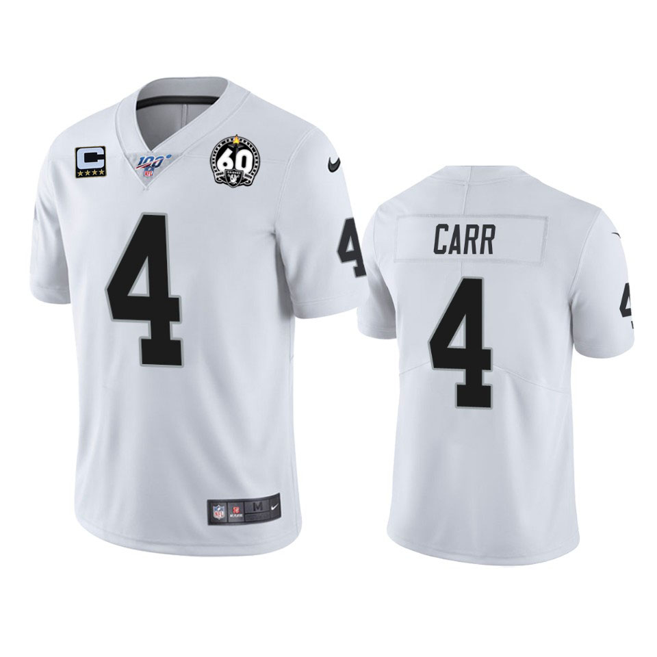 Men's Oakland Raiders #4 Derek Carr White 60th Anniversary With C Patch Vapor Limited Stitched NFL 100th season Jersey.