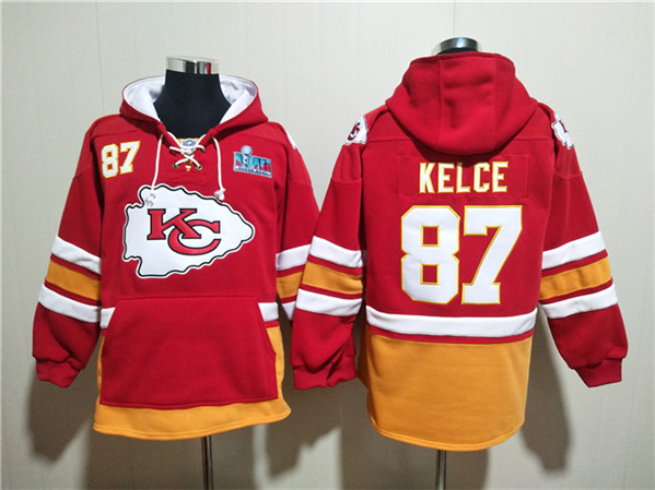 Men's Kansas City Chiefs #87 Travis Kelce Red Super Bowl Lace-Up Pullover Hoodie - Click Image to Close