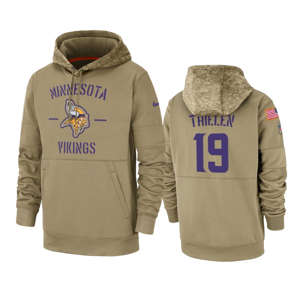 Men's Minnesota Vikings #19 Adam Thielen Tan 2019 Salute to Service Sideline Therma Pullover Hoodie