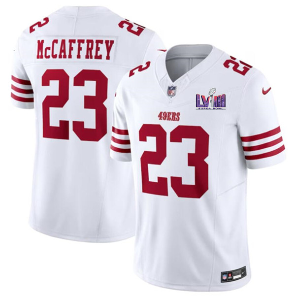 Men's San Francisco 49ers #23 Christian McCaffrey White 2024 F.U.S.E. Super Bowl LVIII Patch Vapor Untouchable Limited Football Stitched Jersey - Click Image to Close