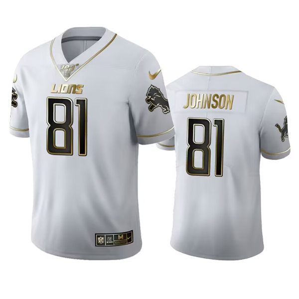 Men's Detroit Lions #81 Calvin Johnson White 100th Season Golden Edition Vapor Untouchable Limited Football Stitched Jersey