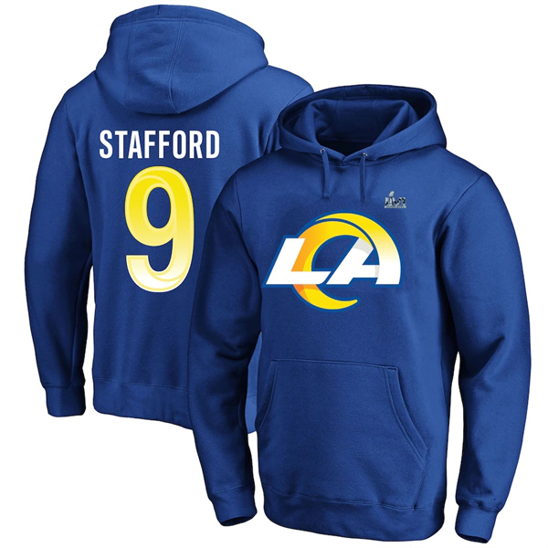 Men's Los Angeles Rams #9 Matthew Stafford 2022 Royal Super Bowl LVI Champions Pullover Hoodie - Click Image to Close