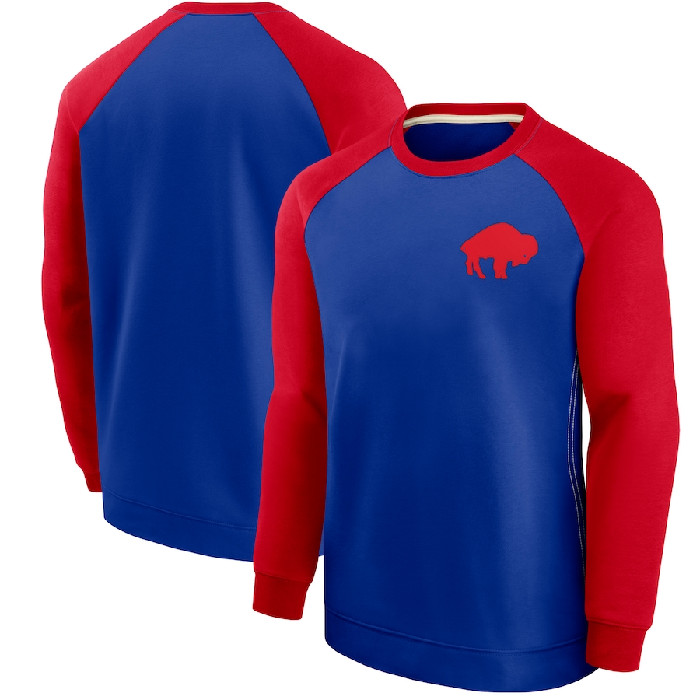 Men's Buffalo Bills Red/Royal Historic Raglan Crew Performance Sweater - Click Image to Close