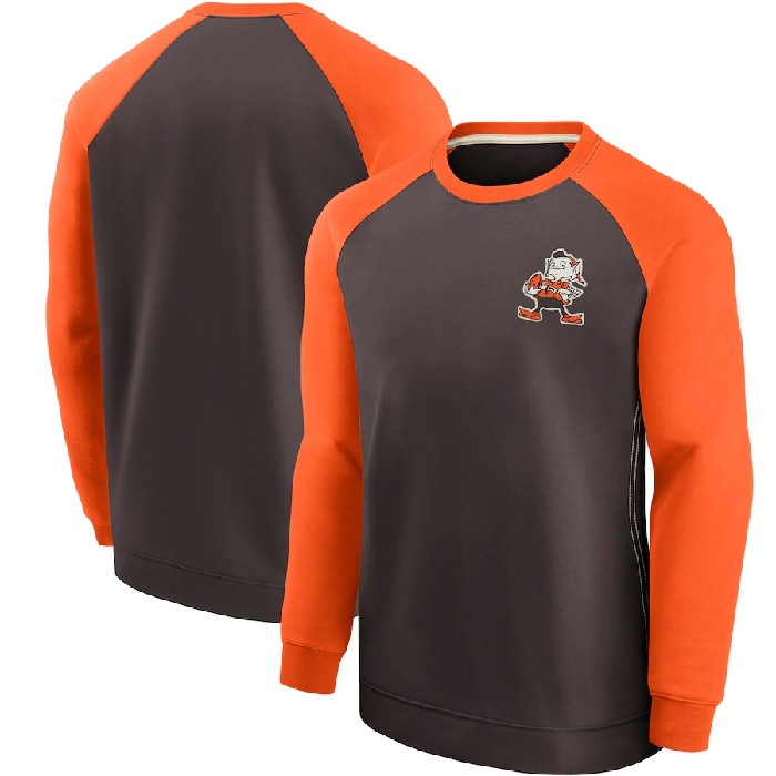 Men's Cleveland Browns Orange/Brown Historic Raglan Crew Performance Sweater - Click Image to Close