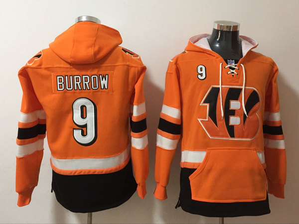 Men's Cincinnati Bengals #9 Joe Burrow Orange Ageless Must-Have Lace-Up Pullover Hoodie - Click Image to Close