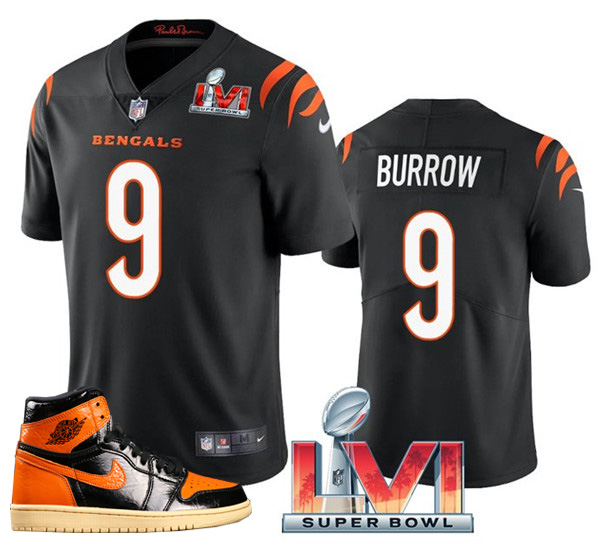 Men's Bengals #9 Joe Burrow Black 2022 Super Bowl LVI Jersey + AJ 1 Shoes - Click Image to Close