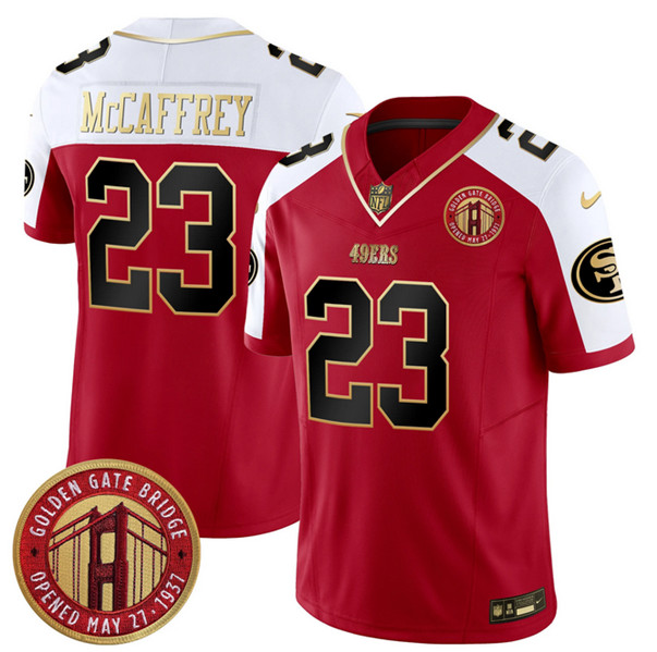 Men's San Francisco 49ers #23 Christian McCaffrey Red F.U.S.E. Golden Gate Bridge Patch Alternate Vapor Limited Football Stitched Jersey