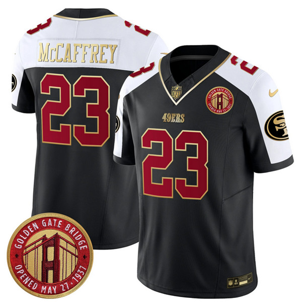 Men's San Francisco 49ers #23 Christian McCaffrey Balck F.U.S.E. Golden Gate Bridge Patch Alternate Vapor Limited Football Stitched Jersey