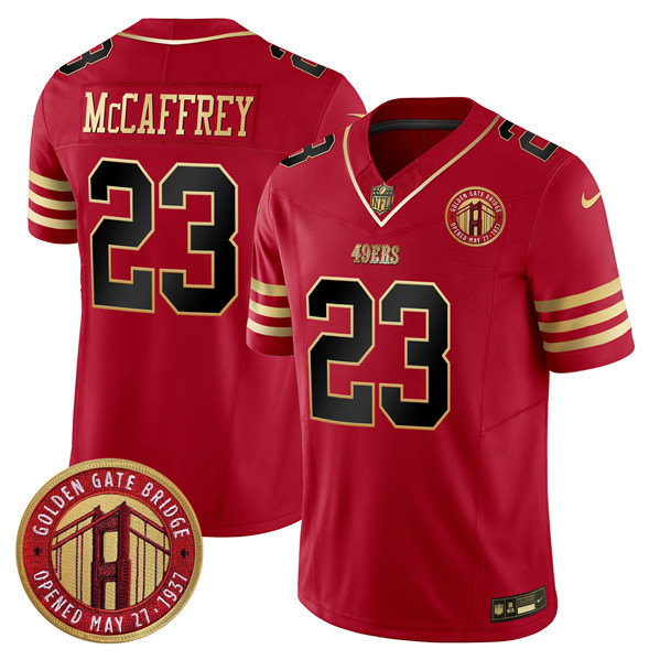 Men's San Francisco 49ers #23 Christian McCaffrey Red F.U.S.E. Golden Gate Bridge Patch Balck Scarlet Vapor Limited Football Stitched Jersey