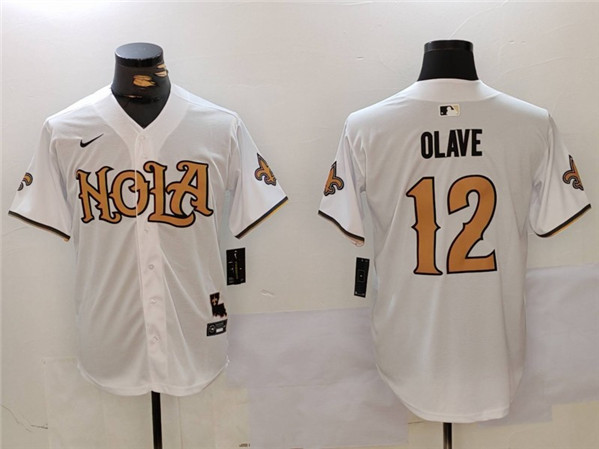 Men's New Orleans Saints #12 Chris Olave White Cool Base Stitched Baseball Jersey