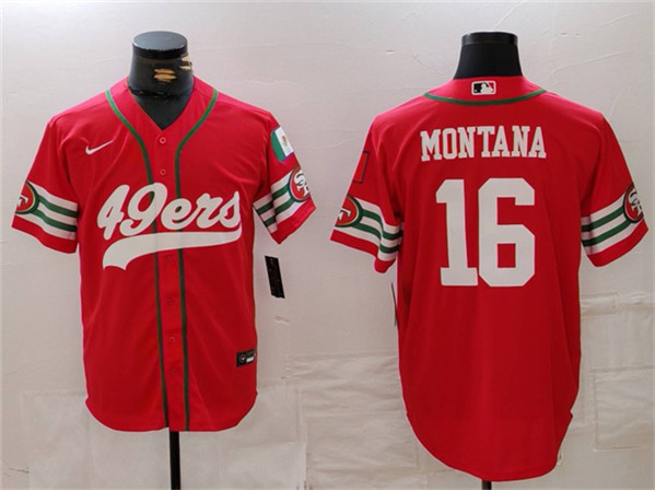 Men's San Francisco 49ers #16 Joe Montana Red With Patch Cool Base Baseball Stitched Jersey