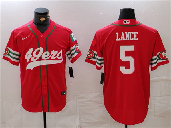 Men's San Francisco 49ers #5 Trey Lance Red With Patch Cool Base Baseball Stitched Jersey