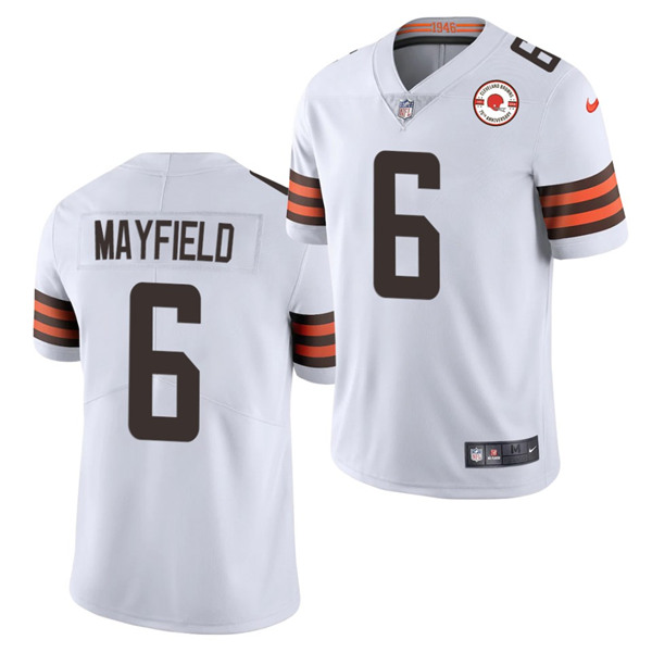 Men's Cleveland Browns #6 Baker Mayfield 2021 White 75th Anniversary Patch Vapor Untouchable Limited Stitched NFL Jersey