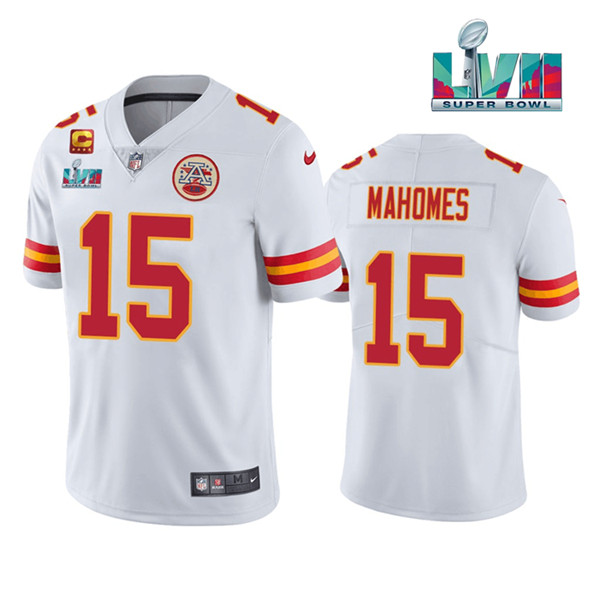 Men??s Kansas City Chiefs #15 Patrick Mahomes White Super Bowl LVII Patch And 4-star C Patch Vapor Untouchable Limited Stitched Jersey - Click Image to Close