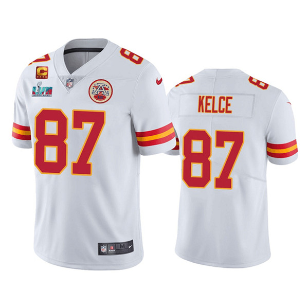 Men??s Kansas City Chiefs #87 Travis Kelce White Super Bowl LVII Patch And 4-star C Patch Vapor Untouchable Limited Stitched Jersey