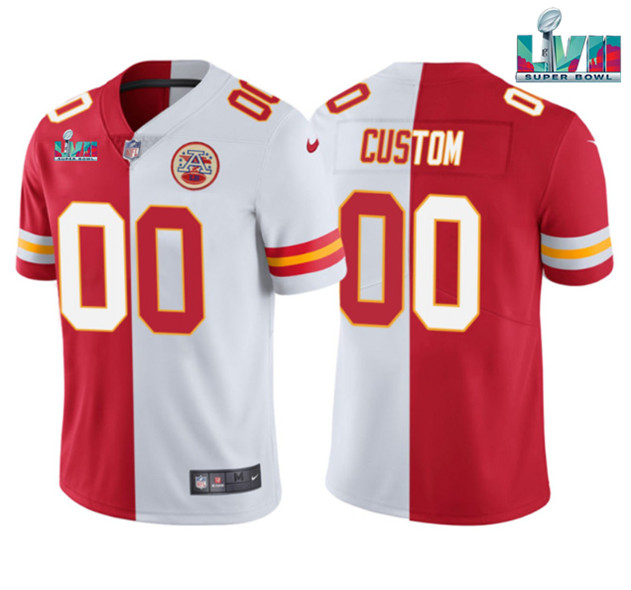 Men's Kansas City Chiefs Custom Red/White Split Super Bowl LVII Patch Vapor Untouchable Limited Stitched Jersey