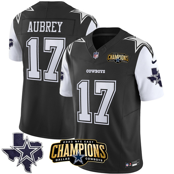 Men's Dallas Cowboys #17 Brandon Aubrey Black/White 2023 F.U.S.E. NFC East Champions Ptach Football Stitched Jersey