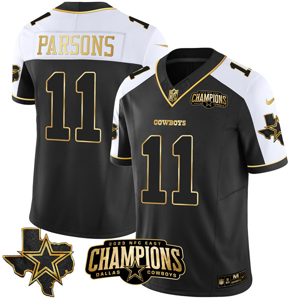 Men's Dallas Cowboys #11 Micah Parsons Black/White/Gold 2023 F.U.S.E. NFC East Champions Ptach Football Stitched Jersey