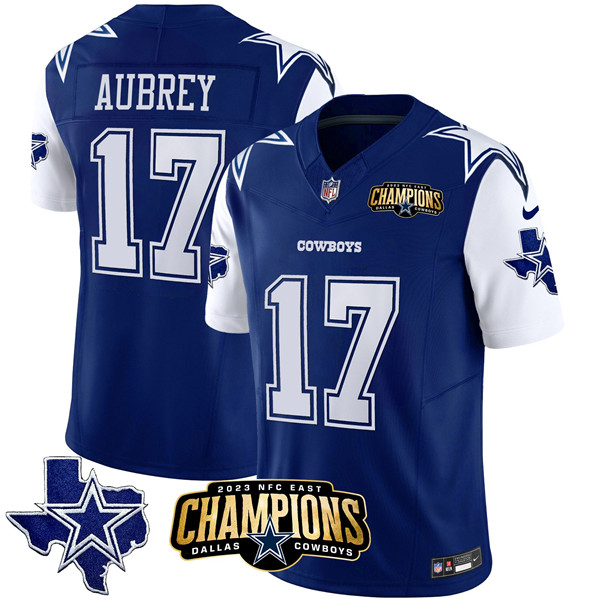 Men's Dallas Cowboys #17 Brandon Aubrey Blue/White 2023 F.U.S.E. NFC East Champions Patch Football Stitched Jersey