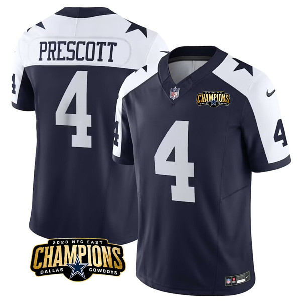 Men's Dallas Cowboys #4 Dak Prescott Navy/White 2023 F.U.S.E. NFC East Champions Patch Football Stitched Jersey