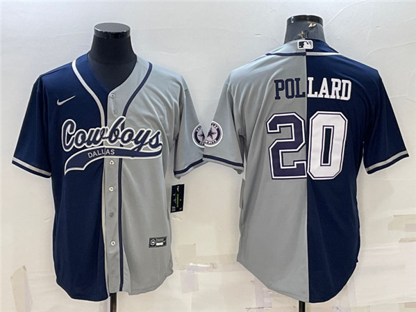 Men's Dallas Cowboys #20 Tony Pollard Navy/Grey Split With Patch Cool Base Stitched Baseball Jersey