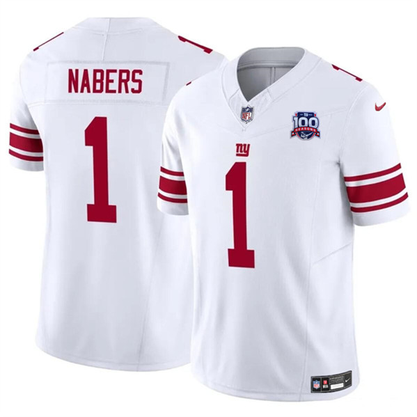 Men's New York Giants #1 Malik Nabers White 2024 Draft F.U.S.E. 100TH Season Patch Vapor Untouchable Limited Football Stitched Jersey