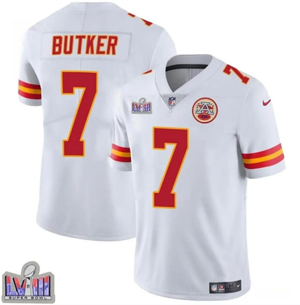 Men??s Kansas City Chiefs #7 Harrison Butker White Super Bowl LVIII Patch Vapor Untouchable Limited Football Stitched Jersey