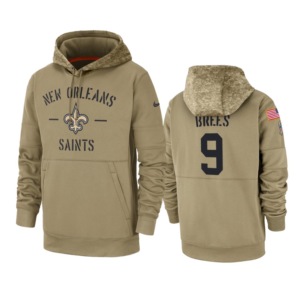 Men's New Orleans Saints #9 Drew Brees Tan 2019 Salute to Service Sideline Therma Pullover Hoodie