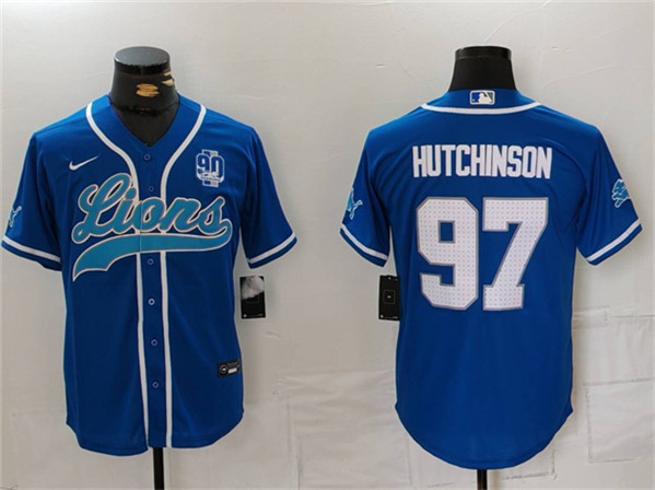 Men's Detroit Lions #97 Aidan Hutchinson Blue With 90th Anniversary Patch Cool Base Stitched Baseball Jersey