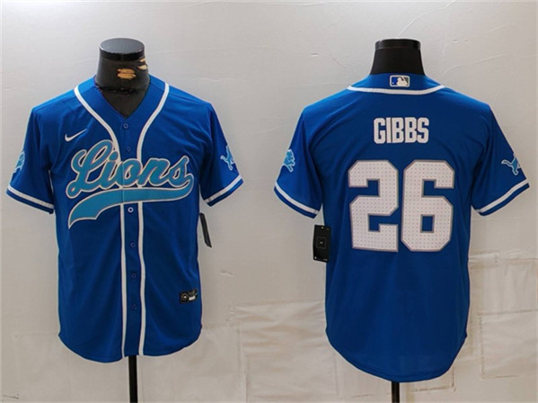 Men's Detroit Lions #26 Jahmyr Gibbs Blue Cool Base Stitched Baseball Jersey - Click Image to Close