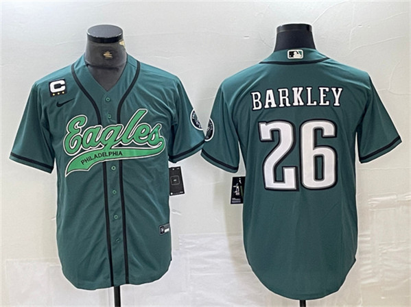 Men's Philadelphia Eagles #26 Saquon Barkley Green With 3-star C Patch Cool Base Baseball Stitched Jersey