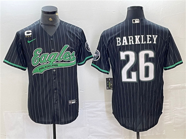 Men's Philadelphia Eagles #26 Saquon Barkley Black With 3-star C Patch Cool Base Baseball Stitched Jersey