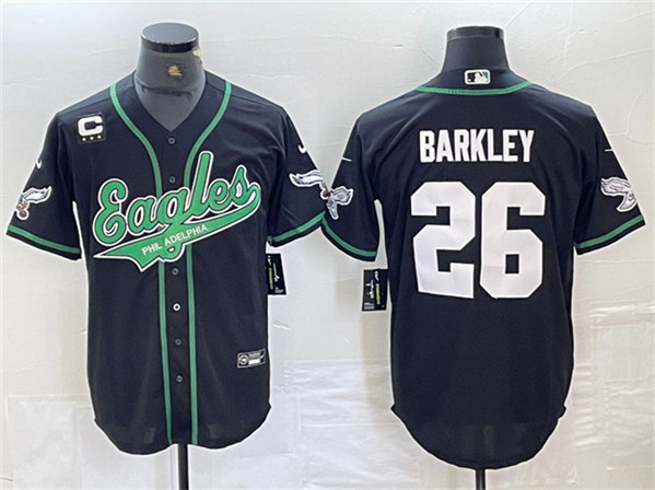 Men's Philadelphia Eagles #26 Saquon Barkley Black With 3-star C Patch Cool Base Baseball Stitched Jersey