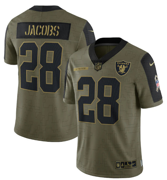 Men's Las Vegas Raiders #28 Josh Jacobs 2021 Olive Salute To Service Limited Stitched Jersey - Click Image to Close