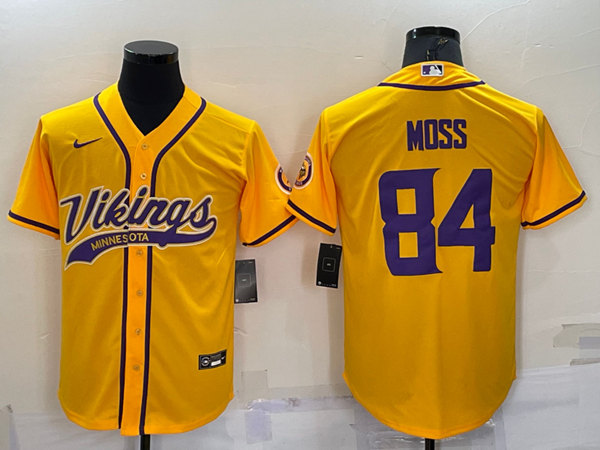 Men's Minnesota Vikings #84 Randy Moss Yellow With Patch Cool Base Stitched Baseball Jersey