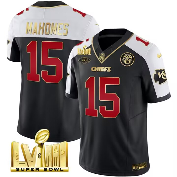 Men's Kansas City Chiefs #15 Patrick Mahomes Black/White 2024 F.U.S.E. Super Bowl LVIII Patch With "NKH" Patch Vapor Untouchable Limited Football Stitched Jersey