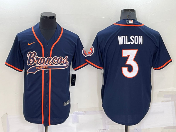 Men's Denver Broncos #3 Russell Wilson Navy Cool Base Stitched Baseball Jersey