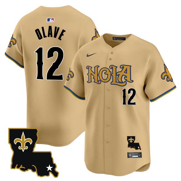 Men's New Orleans Saints #12 Chris Olave Gold Cool Base Stitched Baseball Jersey