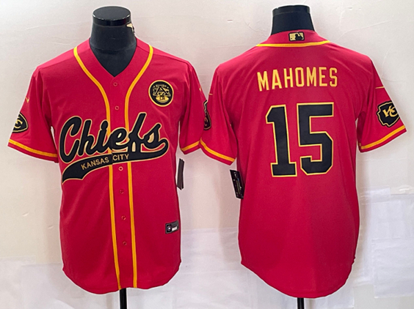 Men??s Kansas City Chiefs #15 Patrick Mahomes Red Gold Cool Base Stitched Baseball Jersey